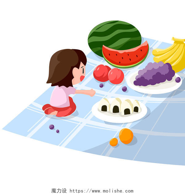 彩色手绘卡通女孩野餐吃水果元素PNG素材